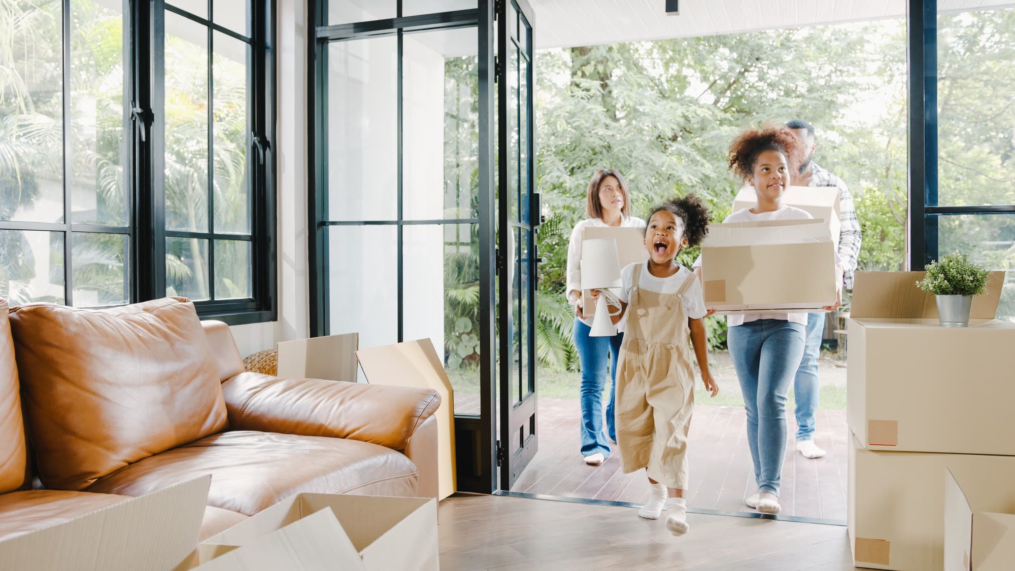 A family at home after their move