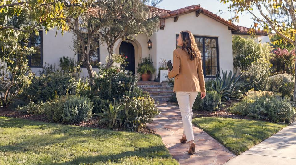 A real estate agent walks up the front path of a white Spanish-style house.
