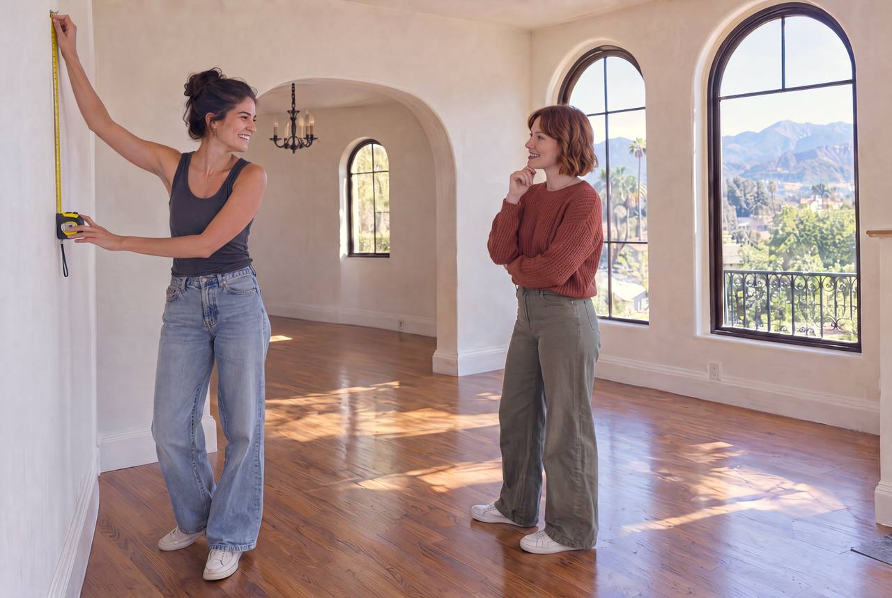 Two friends in an empty living room with tall arched windows and a view of the mountains.