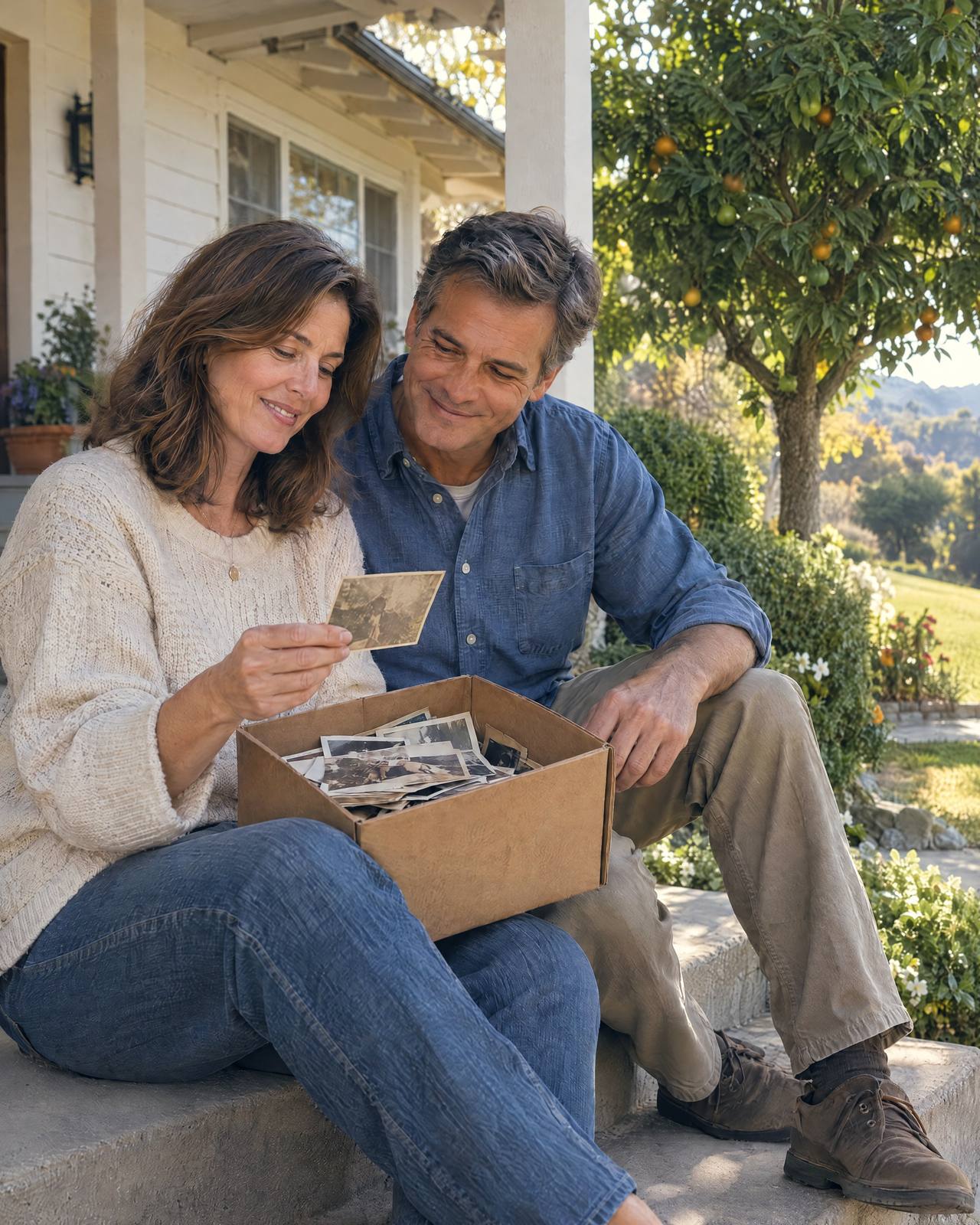 Two siblings sit on the porch of a ranch home beside an orange tree.
