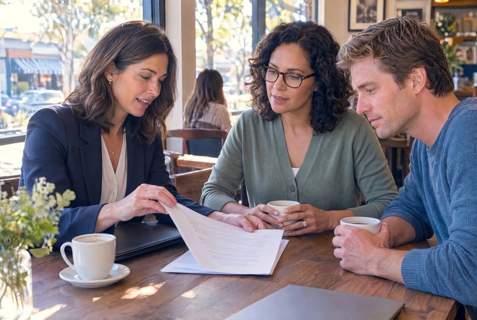 A loan officer goes over a page with two clients at a cafe table.