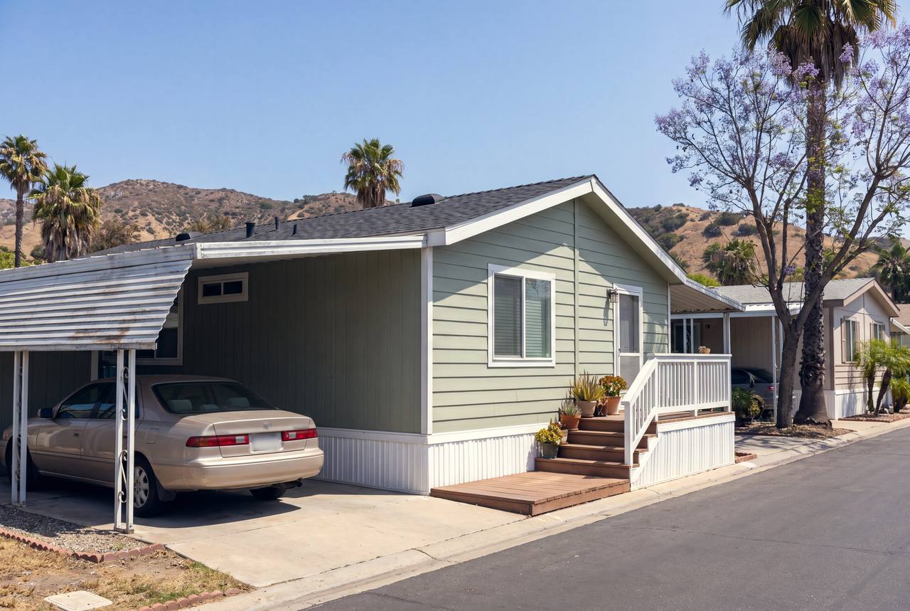 A manufactured home with a carport and a small front deck in a mobile home park, with dry foothills behind it.