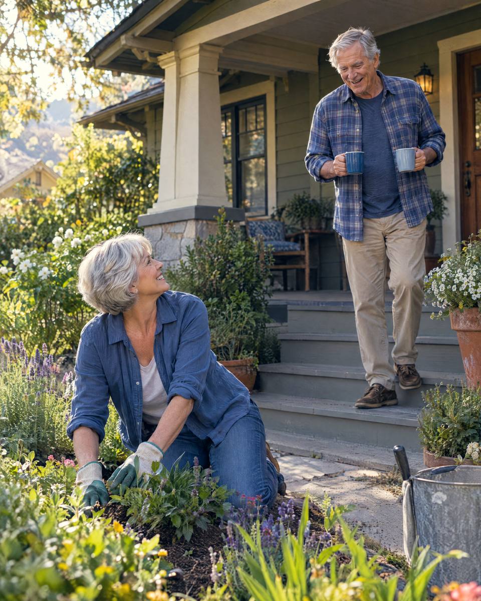 A couple in their 70s sits on the porch of a cottage.